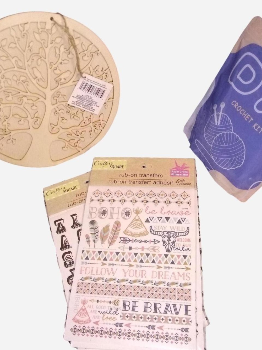 Rub-On Transfers with Pink, Cream, Tan, Blue Accents, And Crochet Kit